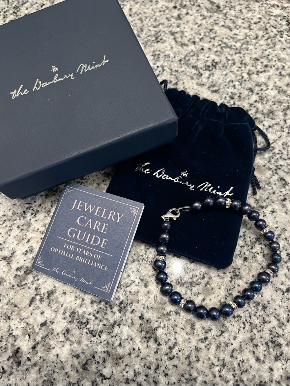 Danbury Mint Midnight Blue Pearl Bracelet with Silver Crystal Accents